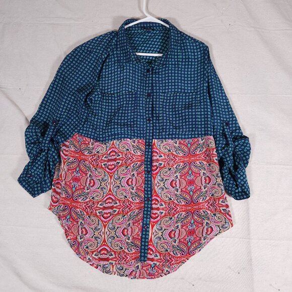 Tolani 100% Silk Button Tunic Womens Large Paisley Boho Roll Tab Sleeve FLAWS - Picture 1 of 16